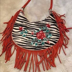 Red Fringed Zebra Shoulder Bag with Floral Design